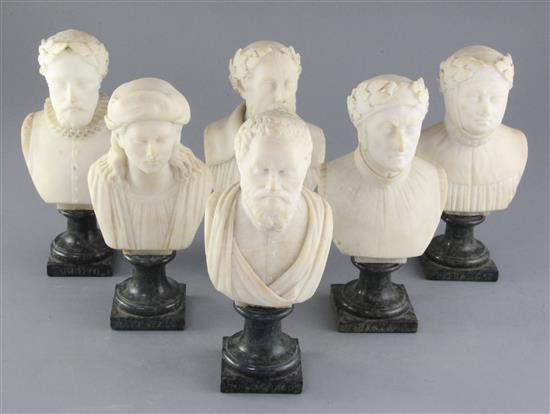 A set of six early 19th century Italian carved alabaster busts of artists and writers, height 8.25in.